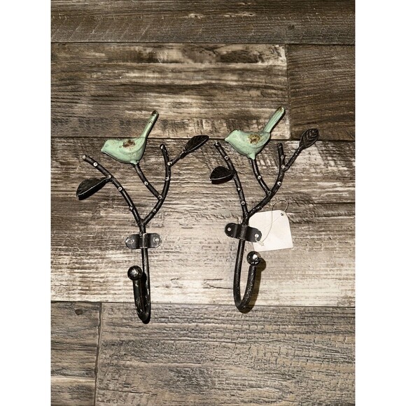 Perched Bird Leaf Tree Branch Wall Hook Wrought Iron Key Leash Hanger - Picture 1 of 7